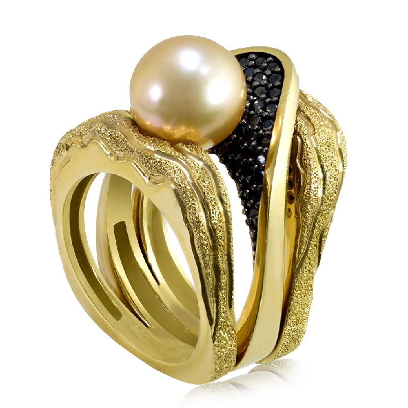 Wide band rings-Gold Trinity Ring with Akoya Pearl & Diamonds