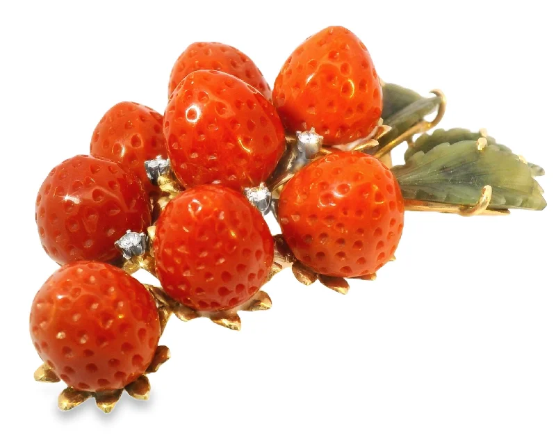 Surf motif brooch-Rare 14K Gold Designer Carved Undyed Red Coral Strawberry Diamond Brooch Pendant