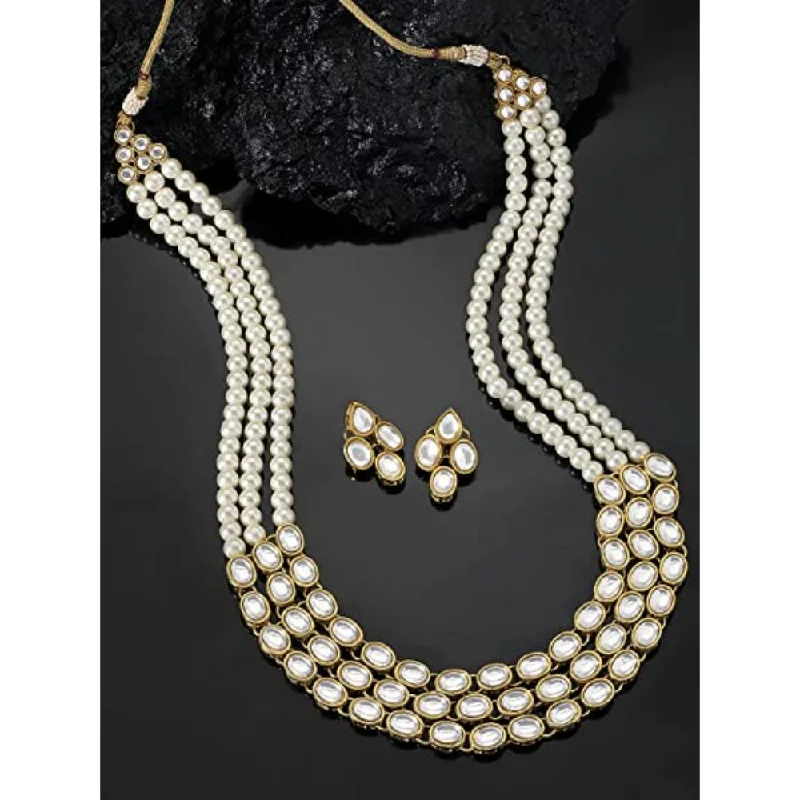 Multi-strand necklaces-Etnico Gold Plated Traditional Stunning White Kundan Studded Layered Pearl Necklace Jewellery Set with Earrings For Women/Girls (IJ376W)