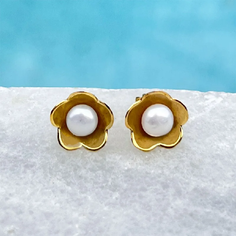 Pure stud earrings-Hidden Pearl Studs - Brass, Indonesia