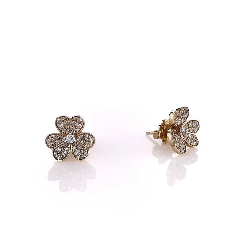 Linen thread earrings-14k Yellow Gold Floral Clover Pave Stud Earrings