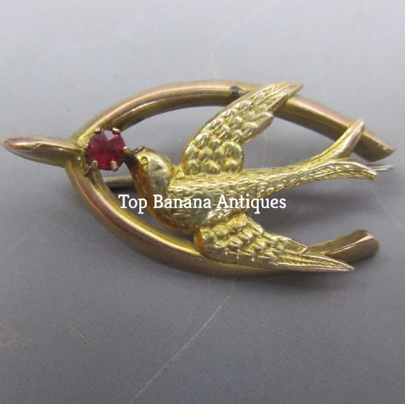 Surf theme brooch-9K Gold And  Garnet Paste Swallow In Lucky Wishbone Sweetheart Brooch Antique Edwardian c1914