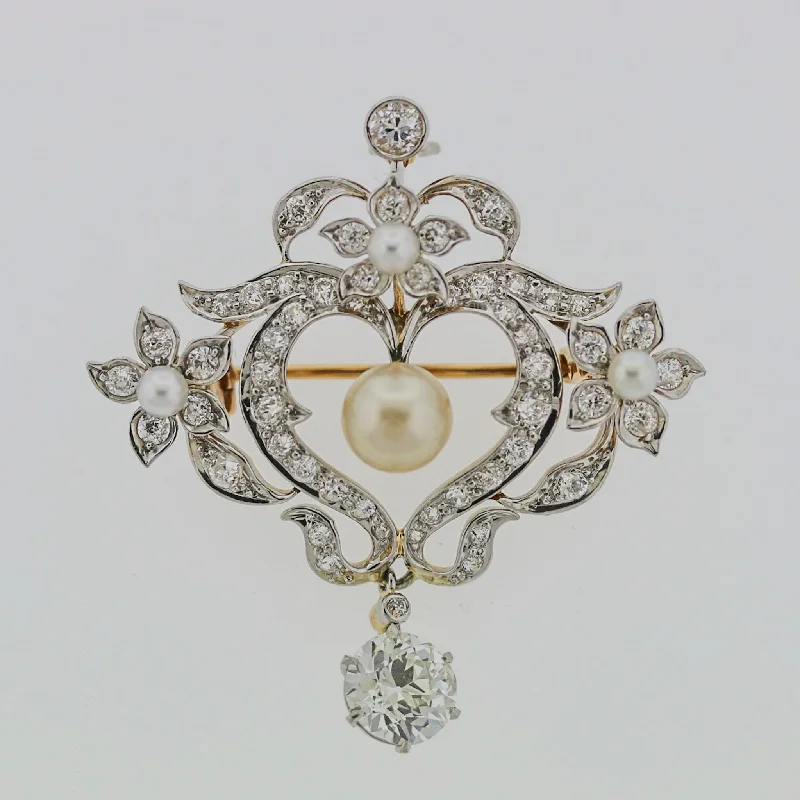 Dusk gothic brooch-Antique Edwardian Natural Pearl Diamond Gold Drop Pendant Brooch, GIA Certified