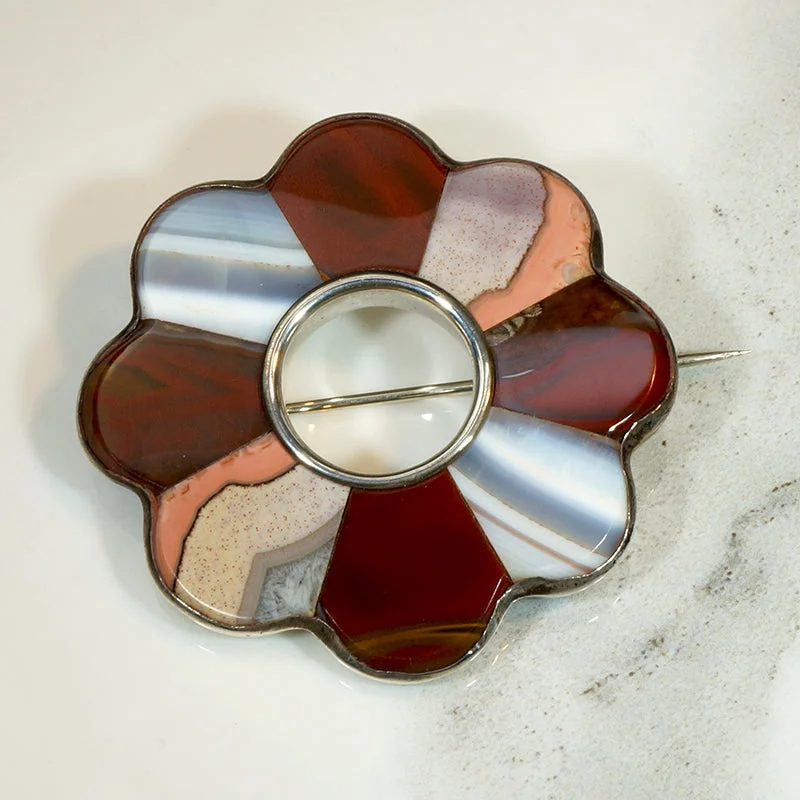 Rough texture brooch-Vibrant Agate & Jasper Scottish Pebble Flower Brooch