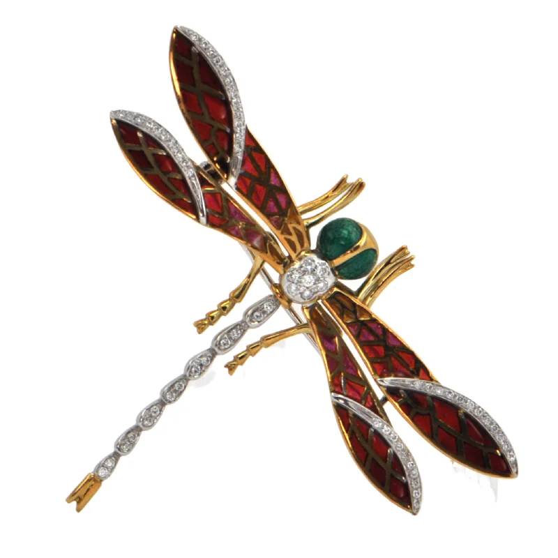 Tide design brooch-Vintage Diamond and Enamel 18k Gold Dragonfly Brooch 'Italy'