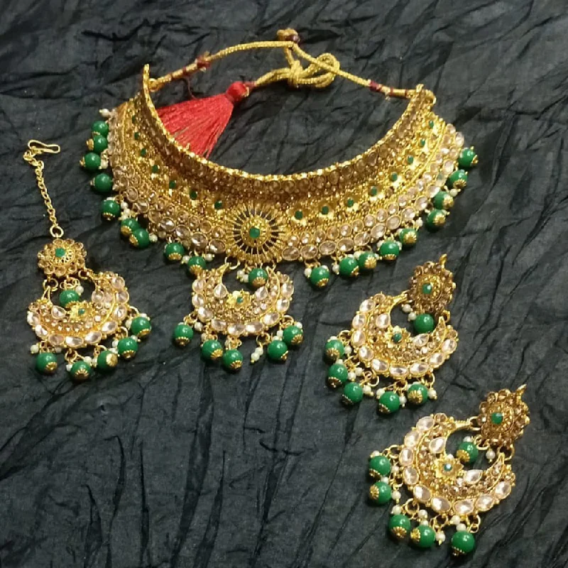 Half moon necklaces-Kumavat Jewels Gold Plated Kundan Stone And Beads Traditional Choker Necklace Set with Maang Tikka