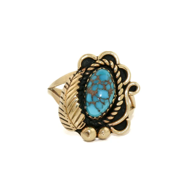 Tiny pearl rings-Classic 14k Gold x Egyptian Turquoise Navajo Leaf Ring