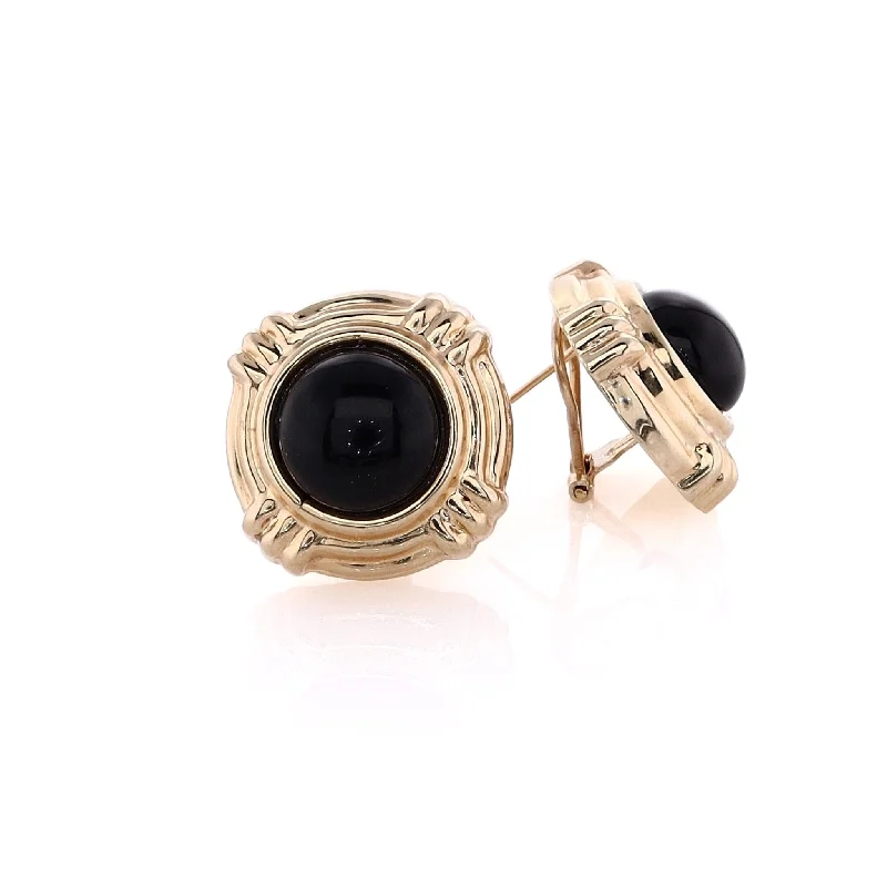 Half moon earrings-Estate 14 Karat Yellow Gold Cabochon Onyx Earrings