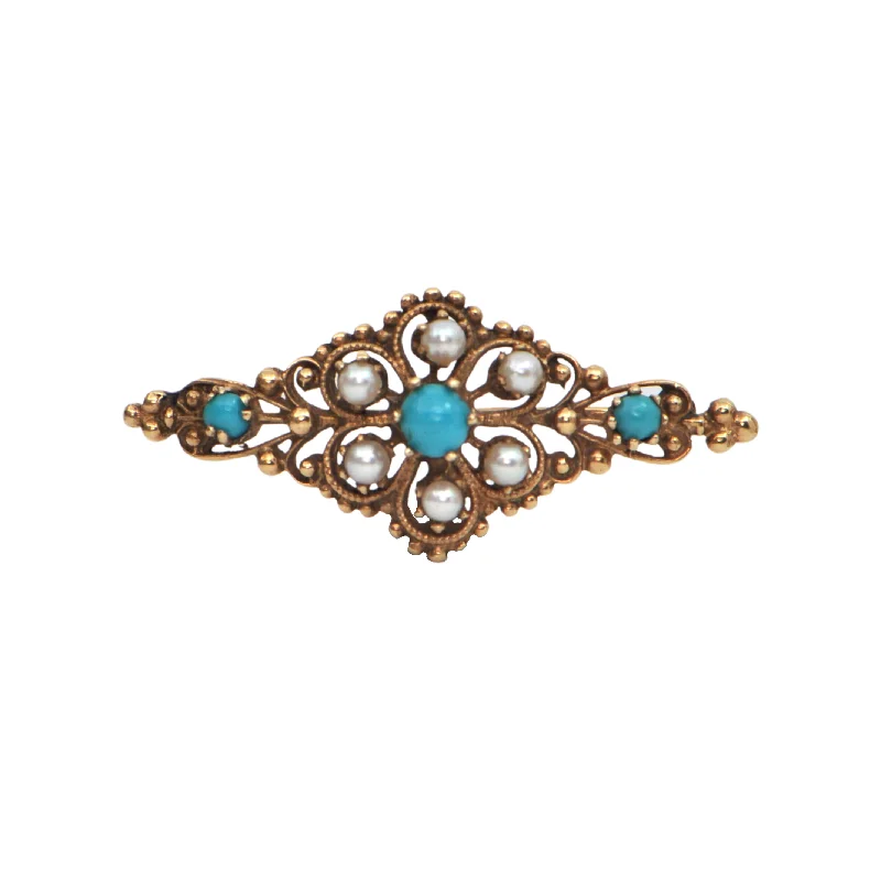 Open frame brooch-Early 1940's Turquoise & Seed Pearl Brooch in 14k Yellow Gold