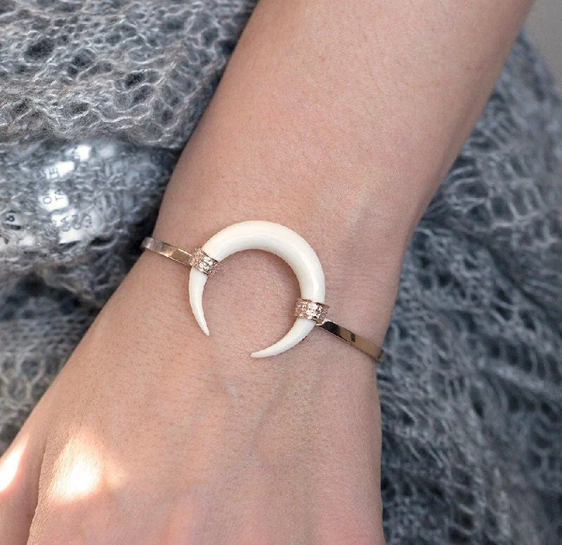 Thin frame bangles-Double Horn Bracelet, Rose Gold Horn Bangle