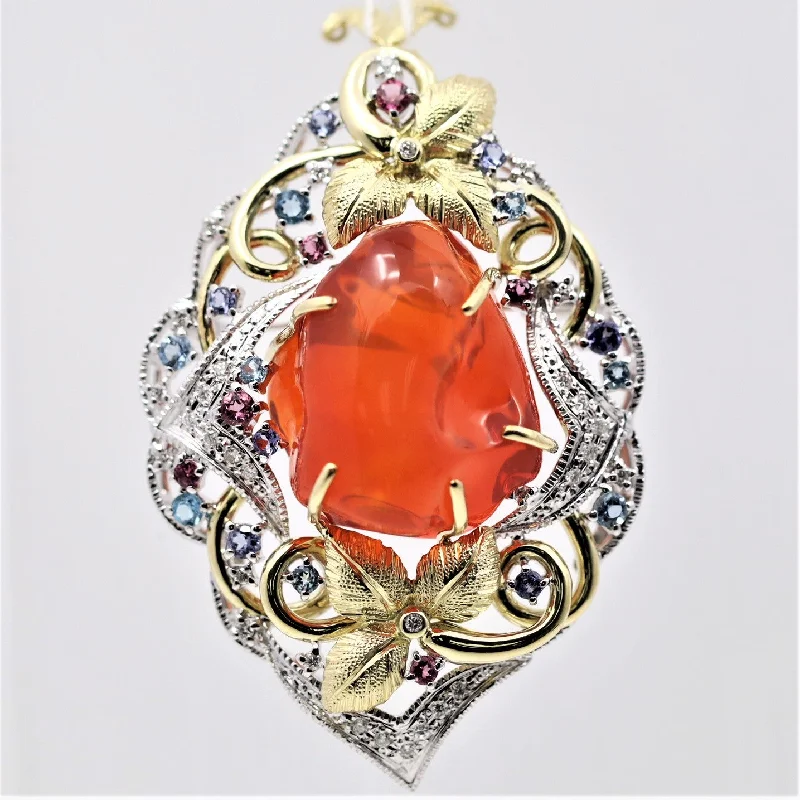 Polished stone brooch-Mexican Fire Opal Diamond Multi-Color Gem Gold Pendant-Brooch