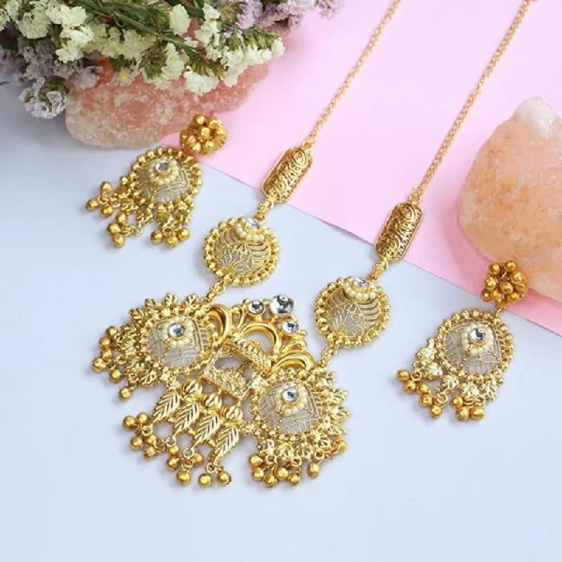 Dual stone necklaces-Etnico Gold Plated Antique Long Necklace Jewellery Set with Earrings for Women & Girls(MC096FL)