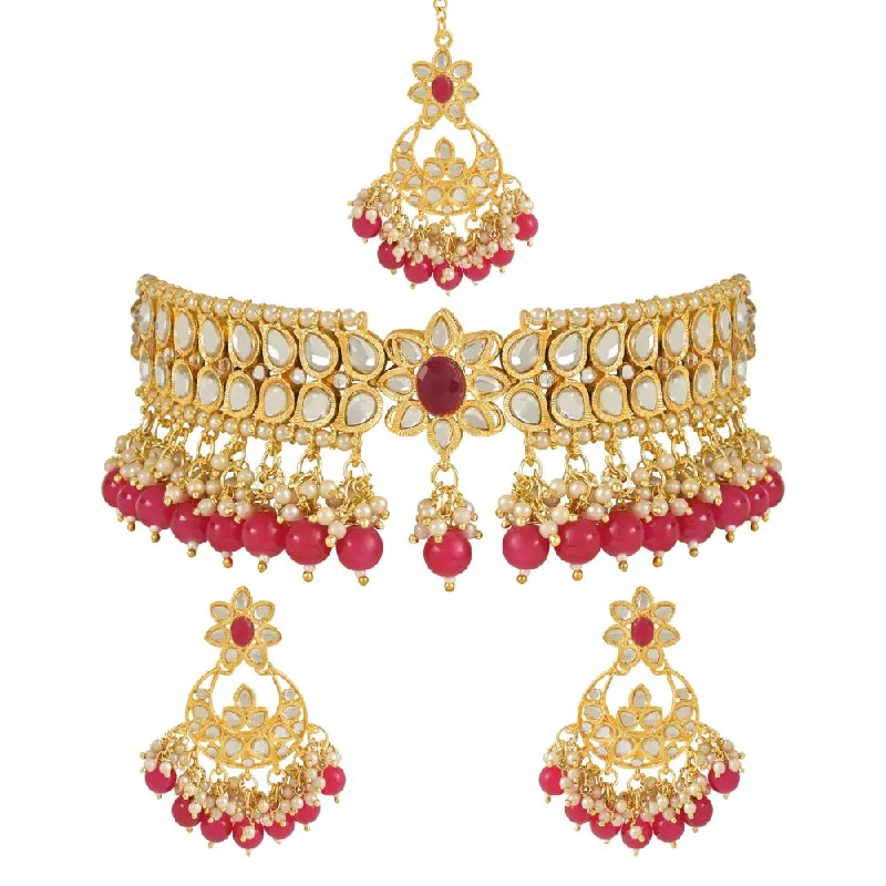 Radiant star necklaces-Etnico Gold Plated Traditional Pearl Kundan Studded Choker Jewellery Necklace Set with Maang Tikka for Women (K7242Q)