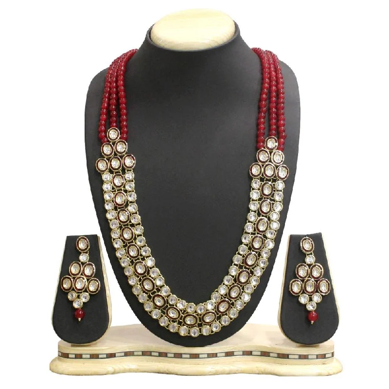 Trio birthstone necklaces-Etnico Gold Plated Traditional Stunning Maroon Meenakari Kundan Studded Pearl Necklace Jewellery Set with Earrings For Women and Girls (IJ366M)