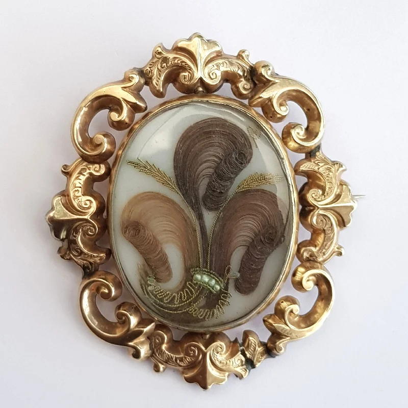 Matte finish brooch-9k Gold Large Mourning Brooch With Bench Worked Hair Antique Georgian circa 1790