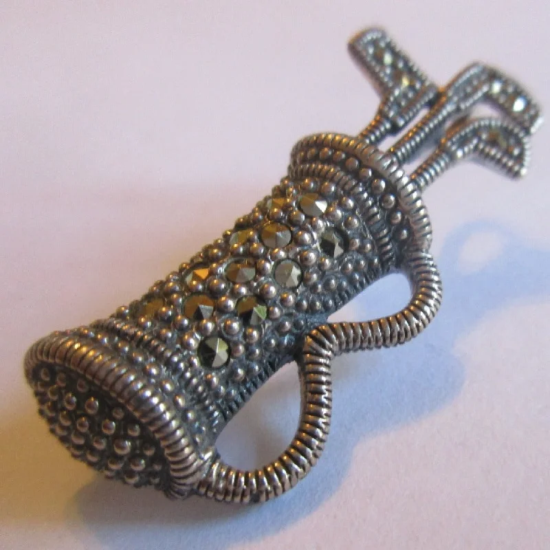 Sapphire gem brooch-Sterling Silver And Marcasite Golf Bag Brooch Pendant Vintage c1980