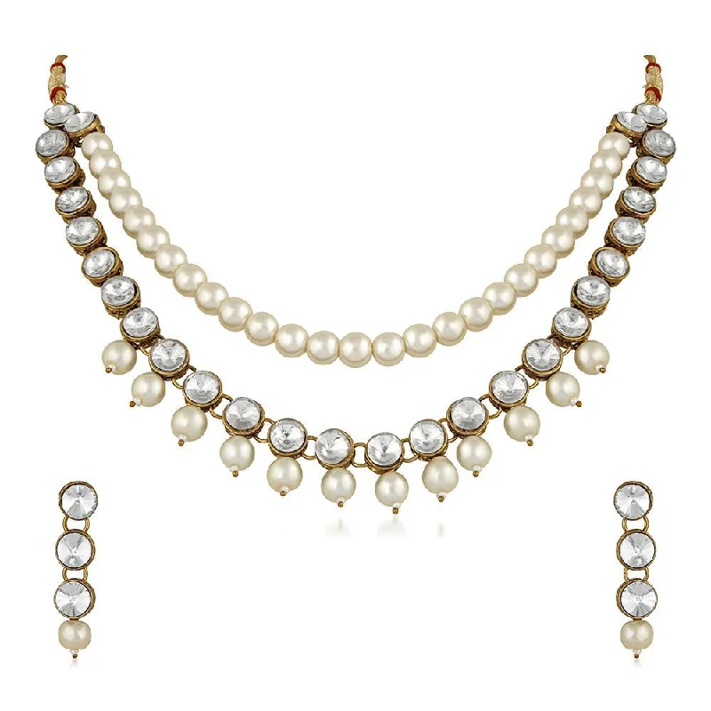 Sleek design necklaces-Mahi Traditional Jewellery Kundan and Artificial Pearl Layered Necklace Set with Earrings for Women (VNCJ100251WHT)