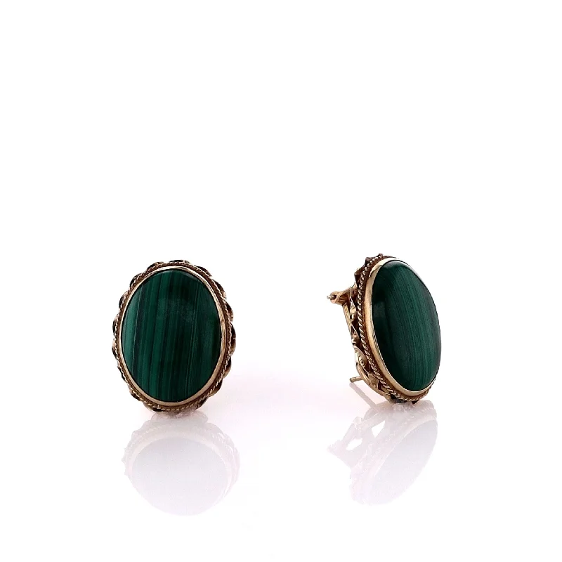 Large hoop earrings-Estate 14k and 18k Yellow Gold Rope Border Malachite Stud Earrings