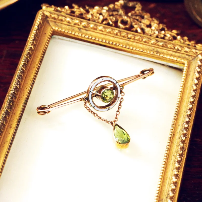 Citrine gem brooch-Edwardian Peridot & Enamel Safety Pin Collar Brooch