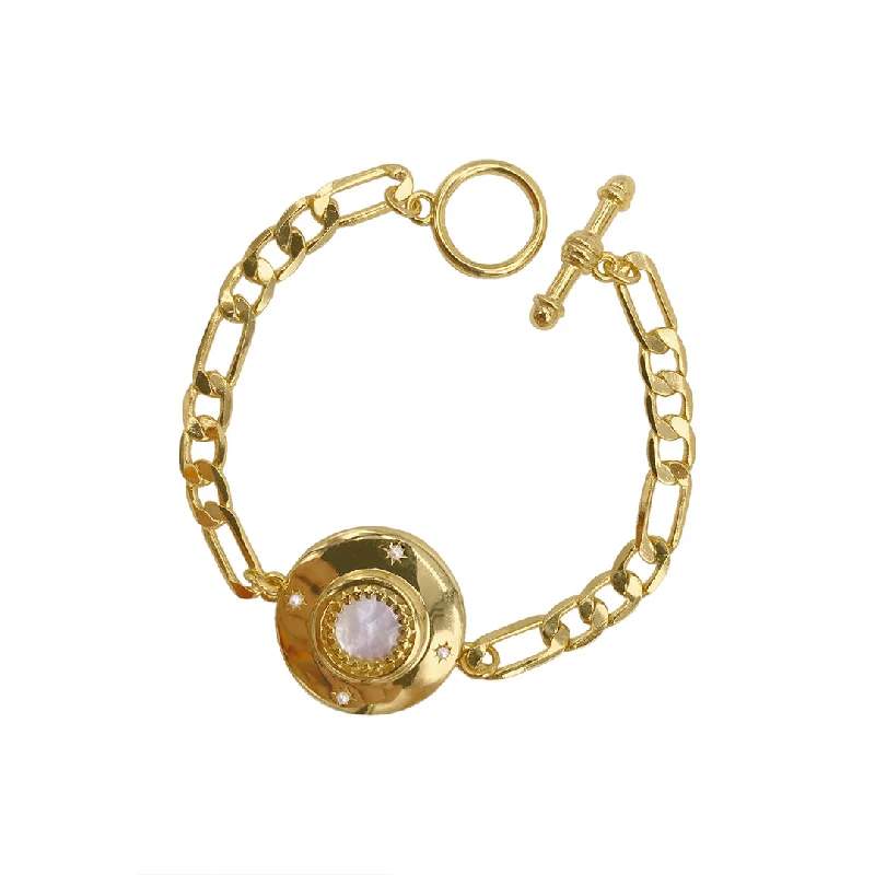 Polished silver bangles-14k Gold Plated Mother of Pearl Disc Toggle Bracelet