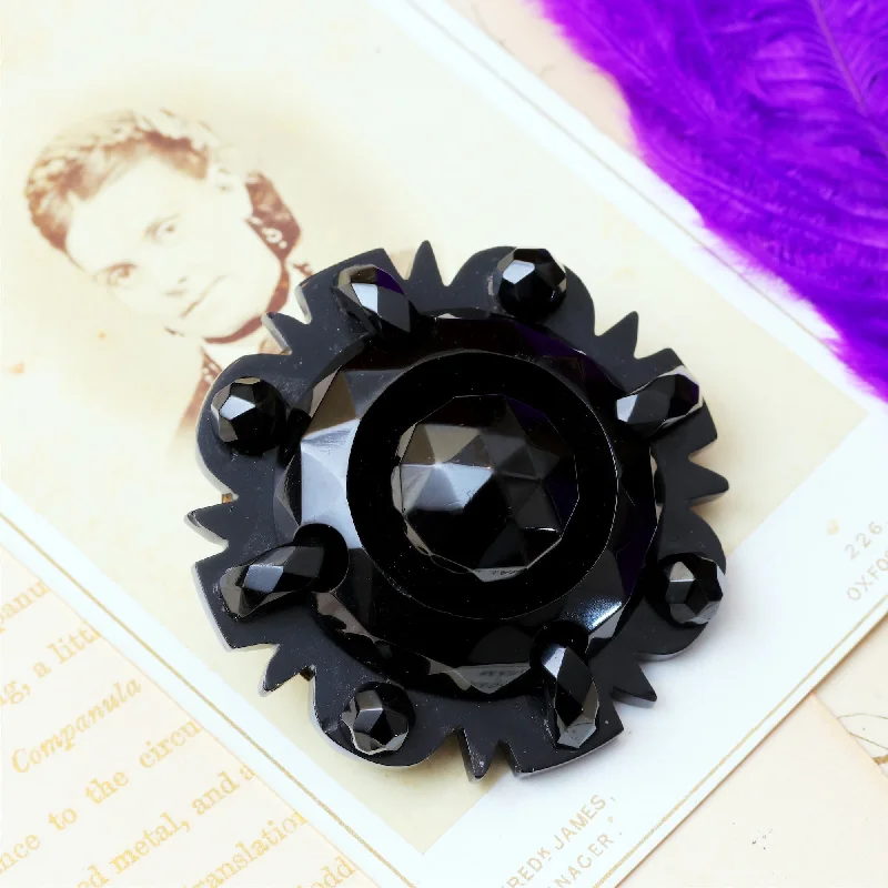 Frosted bead brooch-Circa 1870's Victorian Whitby Jet Brooch