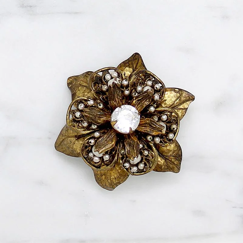 Multi-gem brooch-Miriam Haskell Brass Filigree Flower Brooch