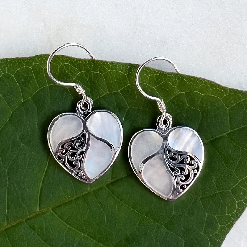 Light clay earrings-Mother-of-Pearl Heart Earrings, Indonesia