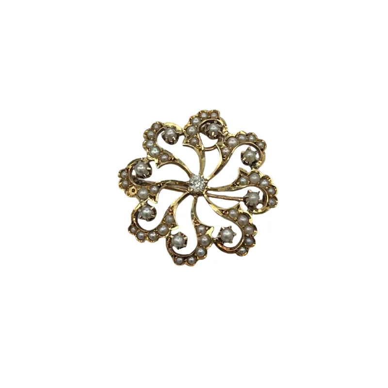 Lily design brooch-Antique, Edwardian, 15k Gold Birks Diamond and Pearl Brooch/Pendant