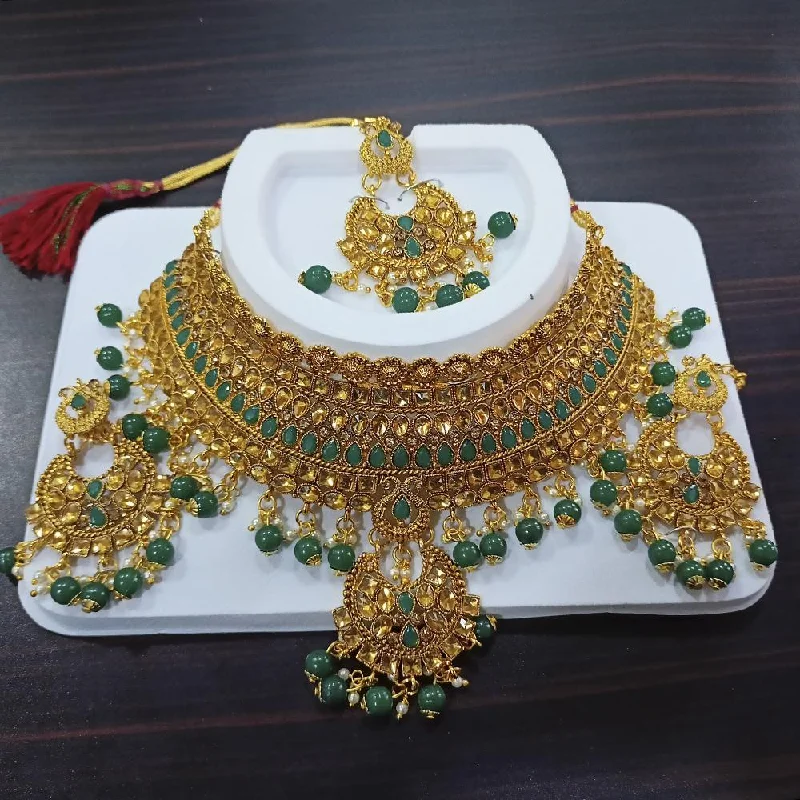 Ethnic weave necklaces-Kumavat Jewels Gold Plated Kundan And Beads Traditional Choker  Necklace Set with Maang Tikka - KJNECK04