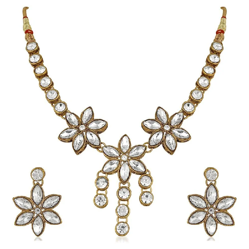 Boho fringe necklaces-Mahi Traditional Jewellery Kundan and Artificial Pearl Floral Necklace Set with Earrings for Women (VNCJ100252WHT)