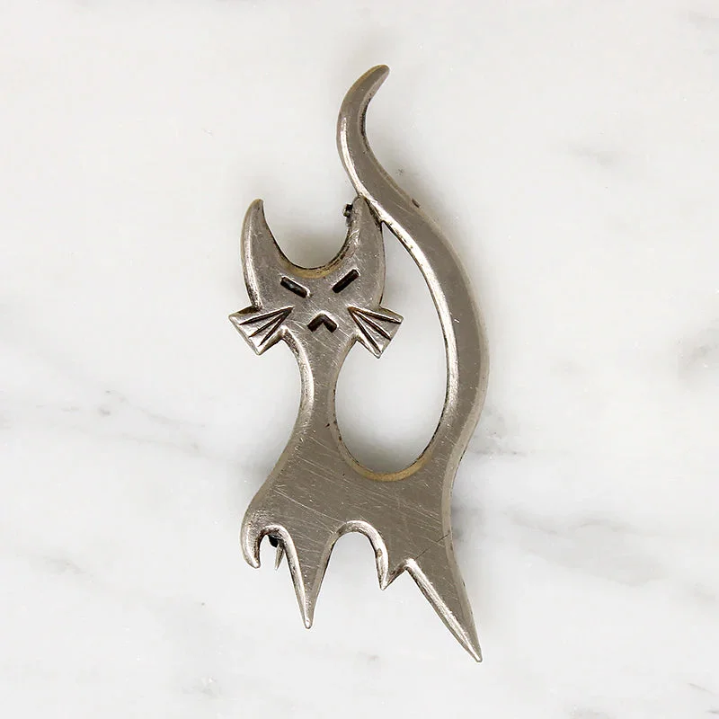 Bow motif brooch-Spooky Sterling Silver Cat Brooch