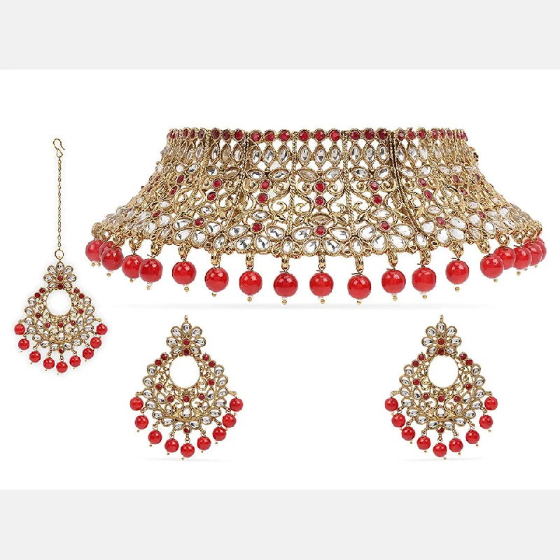 Luxe gem necklaces-Etnico 18K Gold Plated Traditional Choker With Earrings & Maang Tikka Encased With Kundan (M4160M)