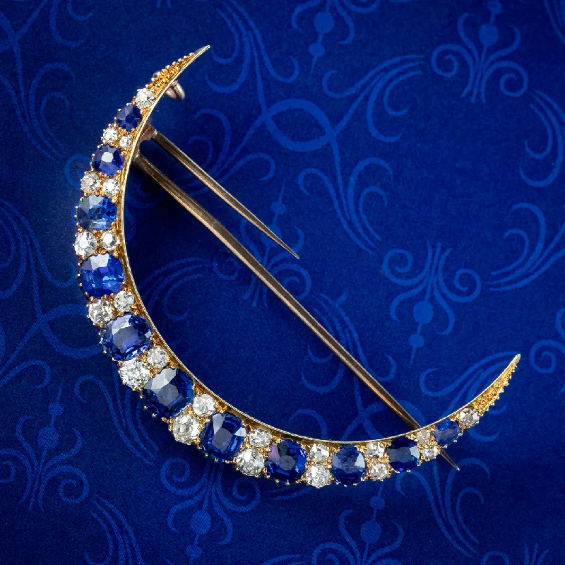 Topaz stone brooch-Antique Victorian Sapphire Diamond Crescent Moon Brooch 15ct Gold