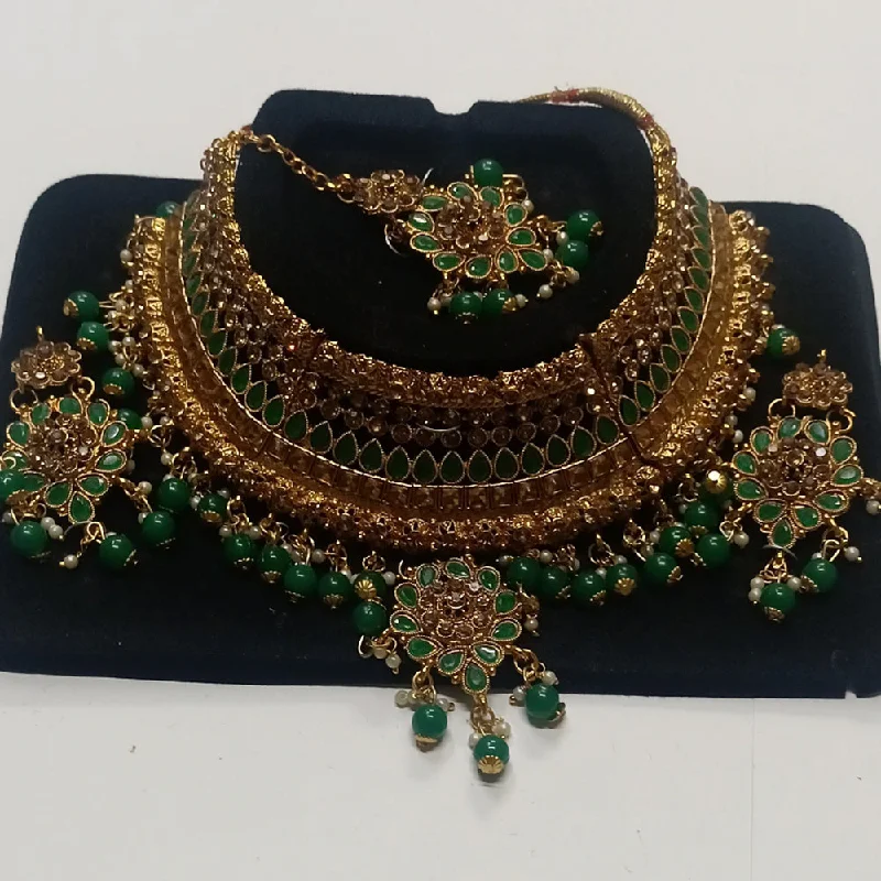 Tribal medallion necklaces-Kumavat Jewels Gold Plated Kundan Stone And Beads Traditional Choker Necklace Set with Maang Tikka