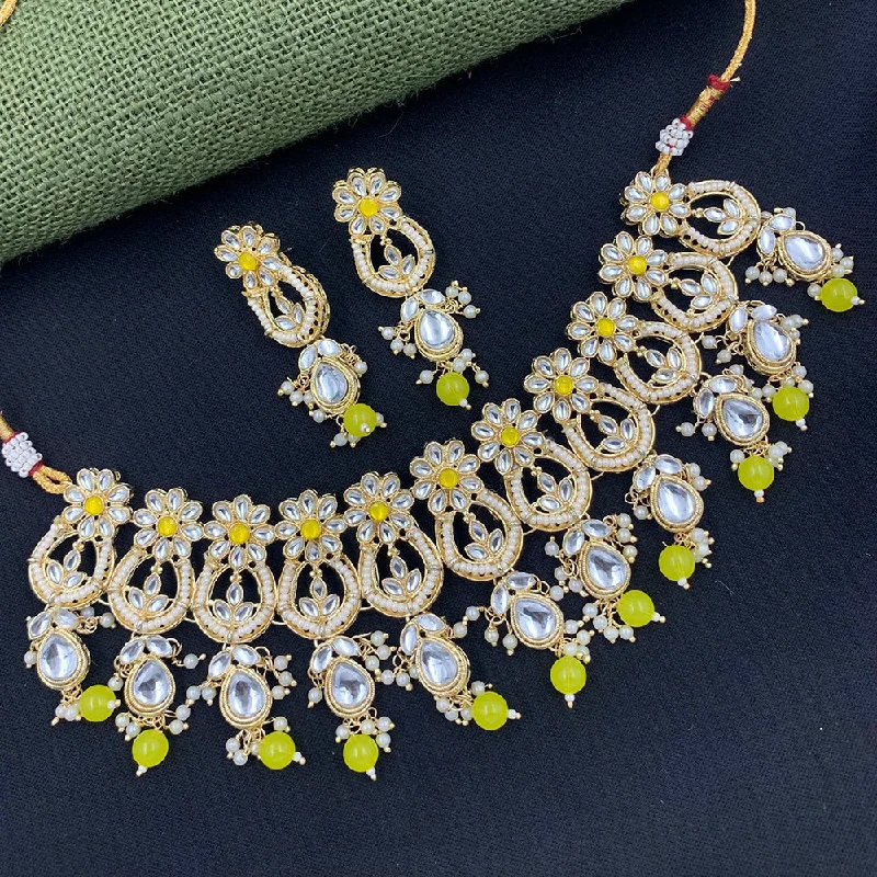 Swirl design necklaces-India Art Gold Plated Kundan Stone & Beads Choker Necklace Set