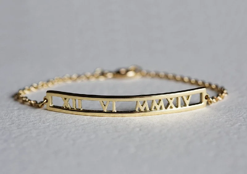 Antique silver bangles-Roman Numerals Date Gold Bar Bracelet