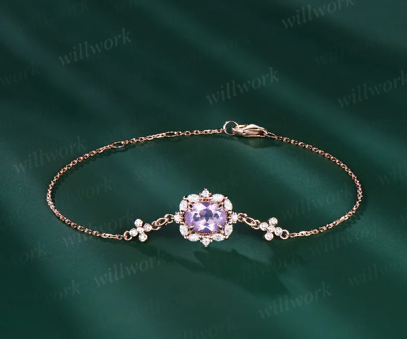 New moon bangles-14K Real Rose Gold Oval Lavender Amethyst & Diamond Chain Bracelets Dainty Simple Genuine Gemstone Crystal Charm Wedding Bracelet for Bridal