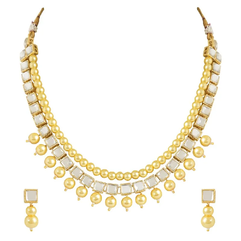 Retro deco necklaces-Etnico Gold Plated Traditional Kundan Studed Pearls Choker Necklace Jewellery Set with Earrings for Women and Girls (IJ373FL)