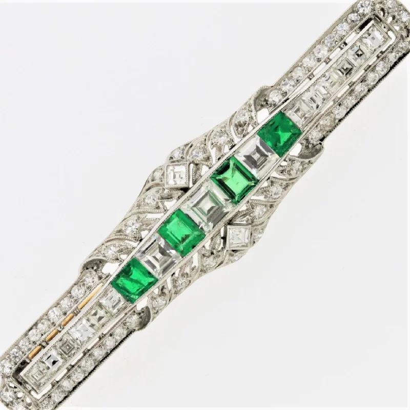 Moonstone brooch-Art Deco Antique Diamond Emerald Platinum Pin Brooch