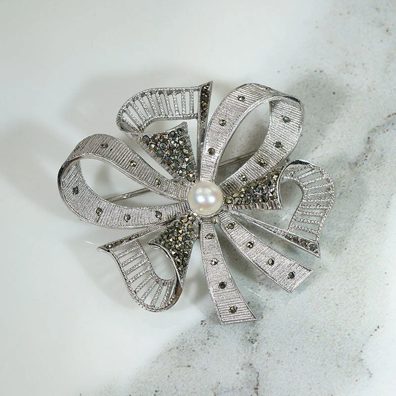 Stone cluster brooch-Festive Fahrner Sterling & Marcasite Bow Brooch