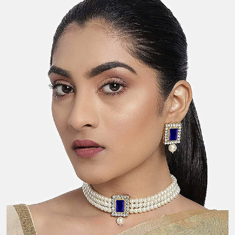 Sapphire gem necklaces-Etnico 18K Gold Plated Traditional Handcrafted Stone Studded Pearl Choker Necklace Jewellery Set With Earrings For Women/Girls