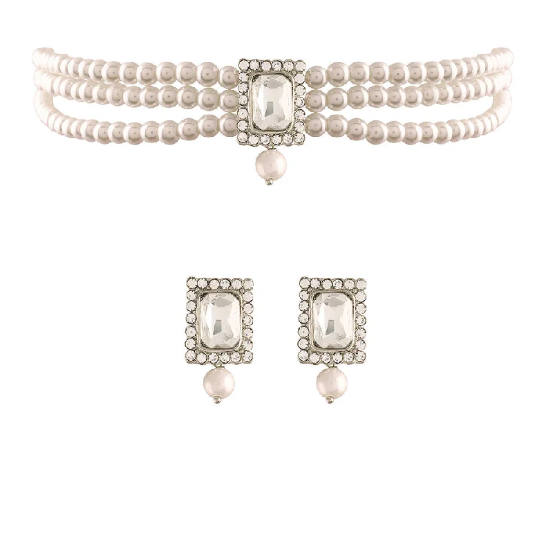 Heavy collar necklaces-Etnico 18K Rhodium Plated Stone & Pearl Beaded Choker Set With Earrings For Women (ML237ZW)