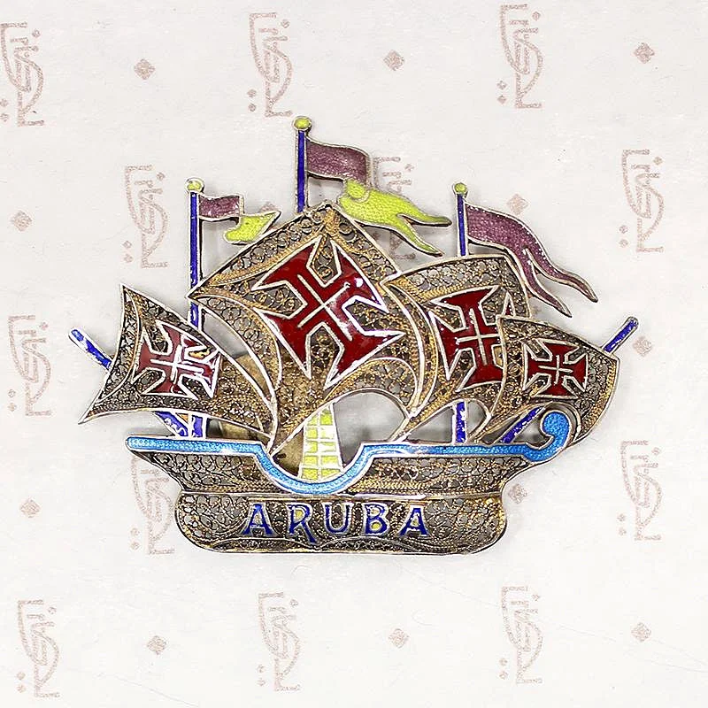 Retro deco brooch-Silver Gilt Filigree Souvenir "Aruba" Ship Brooch