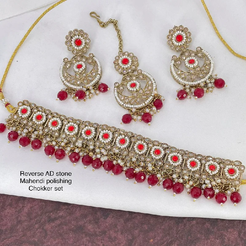 Wide chain necklaces-India Art  Mehendi Antique Polishing AD Stone Necklace Set