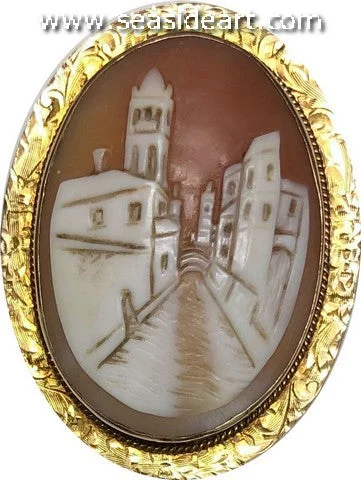 Onyx accent brooch-Antique Lady's Shell Cameo Brooch/Pendant-Village Street Scene