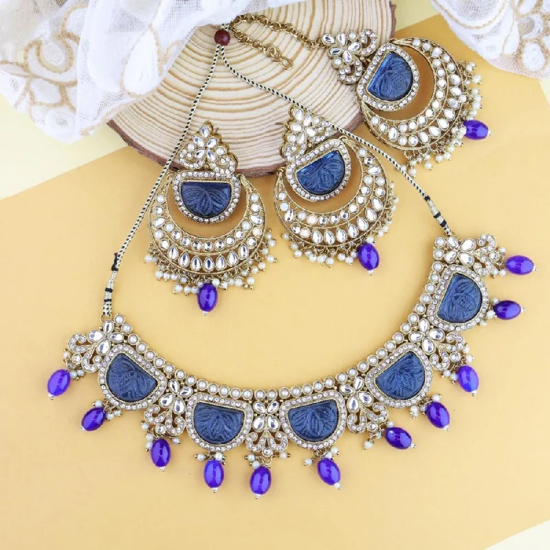 Floating stone necklaces-Etnico Gold Plated Traditional Pearl Kundan & Stone Studded Jewellery Necklace Set with Maang Tikka for Women (K7235) (Blue)