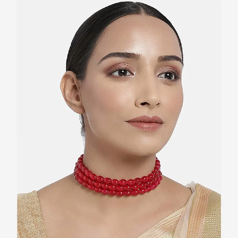 Coiled thread necklaces-Etnico Gold Plated Handcrafted 3 Layer Light Weighted Ruby Pearl Choker Necklace Jewellery SetFor Women/ Girls (ML251R) (Pack of 1)