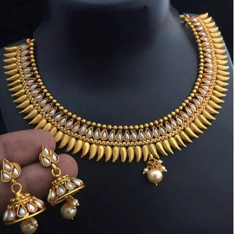 Twisted knot necklaces-Sai Fashion Gold Plated White Pearl Choker Necklace Set