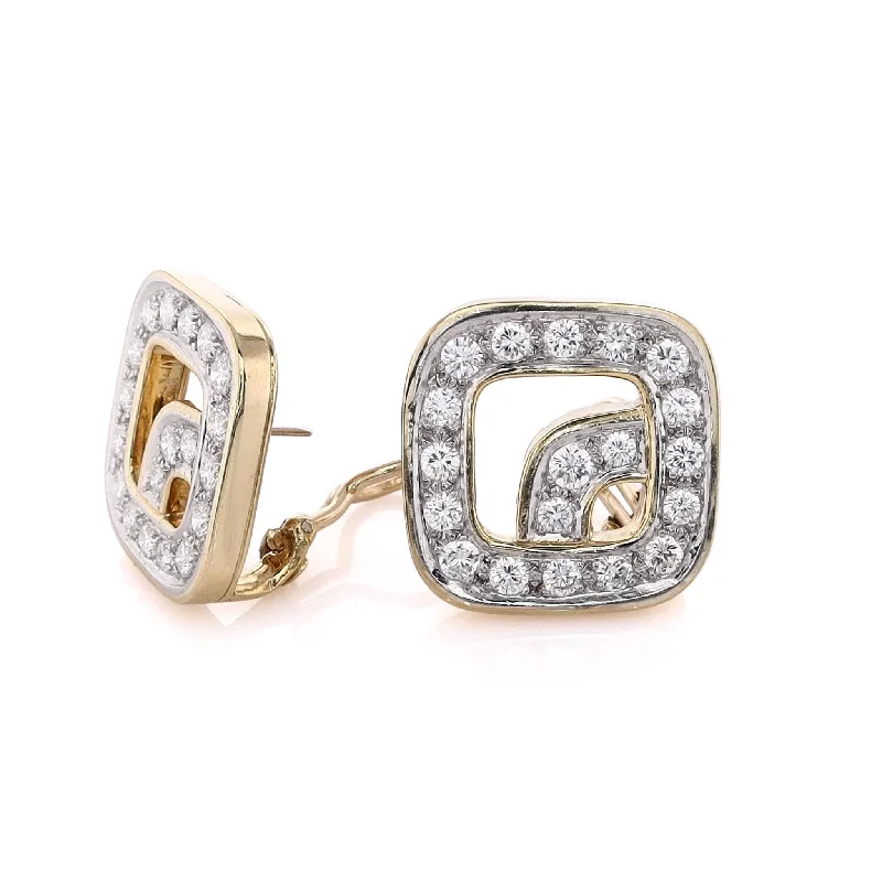 Fine charm earrings-Estate 18 Karat Two-Tone Open Square Design Diamond Earrings