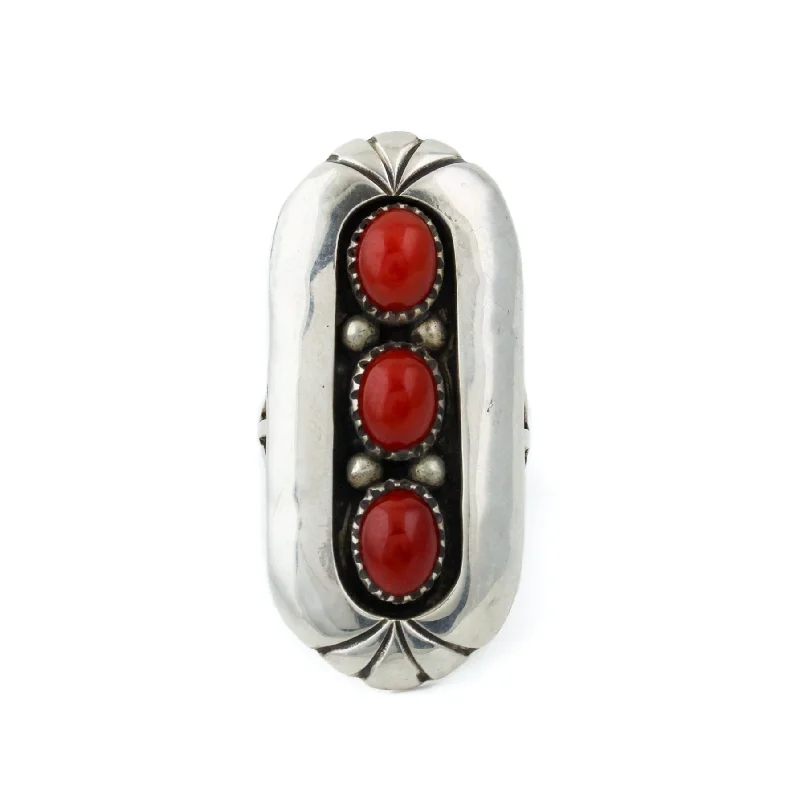 Whimsical rings-Red Coral Tri Stone Ring